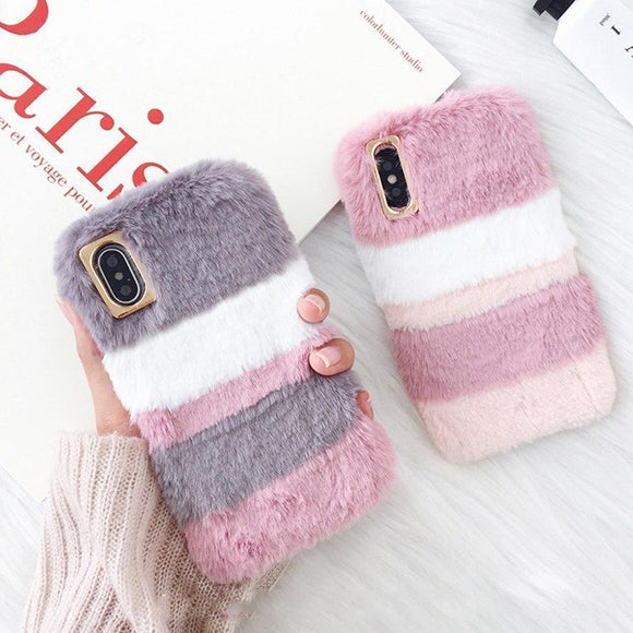 Rabbit Fluffy Fur Plush Hair Stripe Soft TPU Phone Case Back Cover - iPhone XS Max/XR/XS/X/8 Plus/8/7 Plus/7/6s Plus/6s/6 Plus/6 - halloladies