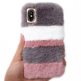 Rabbit Fluffy Fur Plush Hair Stripe Soft TPU Phone Case Back Cover - iPhone XS Max/XR/XS/X/8 Plus/8/7 Plus/7/6s Plus/6s/6 Plus/6 - halloladies
