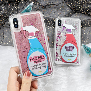 Sexy Repellent Spray Bitch Away Heart Quicksand Glitter Liquid Phone Case Back Cover - iPhone X/8 Plus/8/7 Plus/7/6s Plus/6s/6 Plus/6 - halloladies
