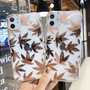Transparent Soft Electroplated Leaves Phone Case Back Cover for iPhone 12 Pro Max/12 Pro/12/12 Mini/SE/11/11 Pro/11 Pro Max/XS Max/XR/XS/X/8 Plus/8 - halloladies